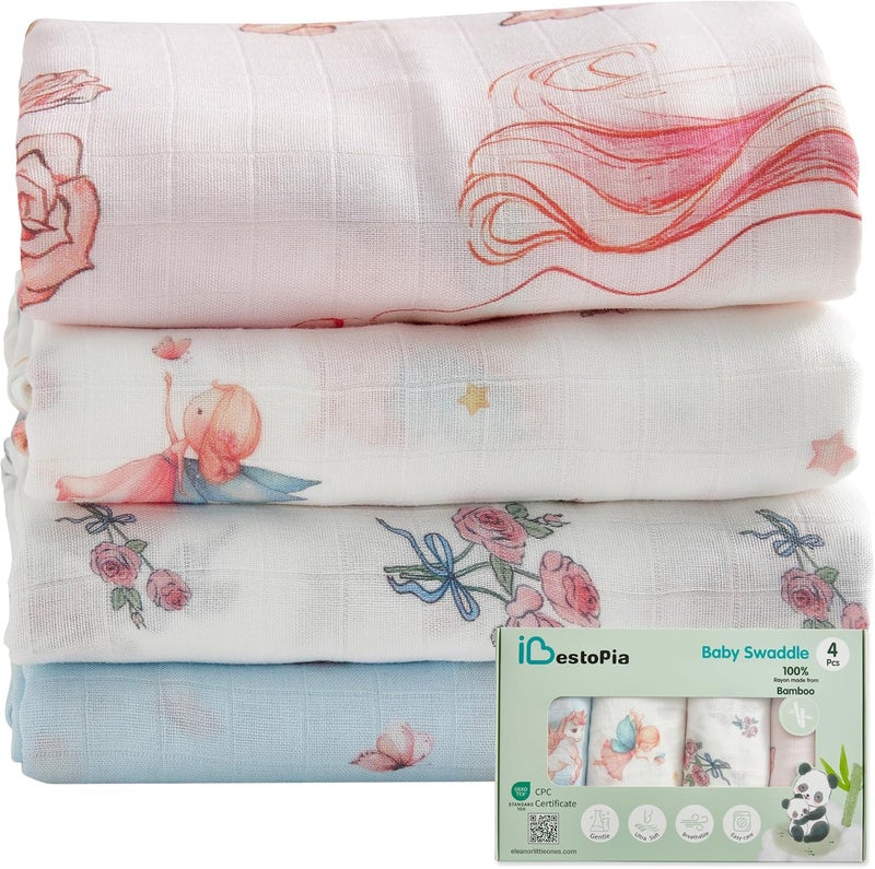 IBESTOPIA Muslin Baby Swaddle Blankets, 4-Pack 47x47 inches, Breathable 100% Rayon from Bamboo Receiving Blanket, Shower & Registry Gift (Blue Unicorn/Fairy/Bow Rose/Pink Unicorn) - Image 1