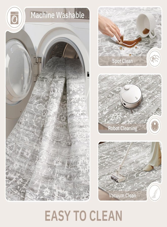 Soalmost 5x7 Area Rugs for Living Room, Washable Vintage Floral Non-Slip Low Pile Natural Rug Soft Throw Carpet for Dining Room Bedroom Home Office Nursery (Grey, 5'x7') - Image 5