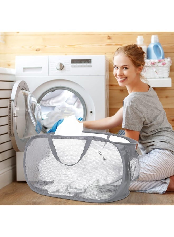 Ayshal Durable Collapsible Laundry Baskets, Mesh Pop Up Laundry Hamper with Side Pocket, Foldable Clothes Hamper with Reinforced Carry Handles for Laundry, Bathroom, Kids Room, Dorm or Travel Grey - Image 2