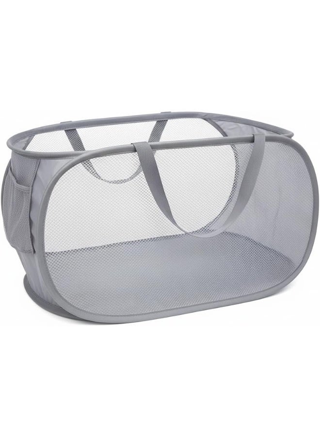 Ayshal Durable Collapsible Laundry Baskets, Mesh Pop Up Laundry Hamper with Side Pocket, Foldable Clothes Hamper with Reinforced Carry Handles for Laundry, Bathroom, Kids Room, Dorm or Travel Grey - Image 1