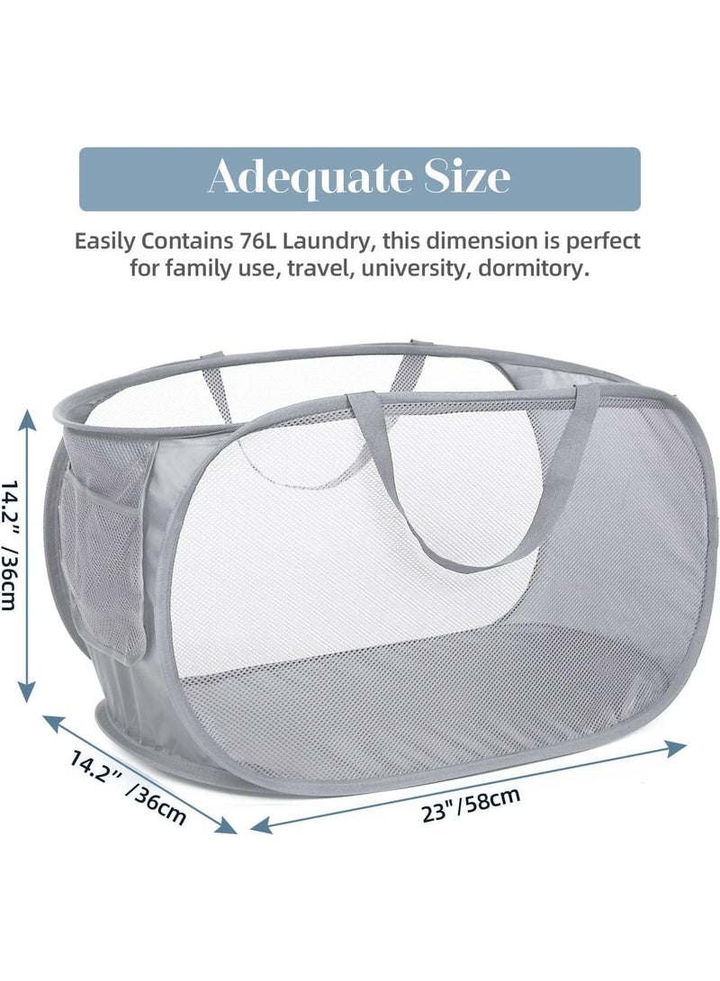 Ayshal Durable Collapsible Laundry Baskets, Mesh Pop Up Laundry Hamper with Side Pocket, Foldable Clothes Hamper with Reinforced Carry Handles for Laundry, Bathroom, Kids Room, Dorm or Travel Grey - Image 3