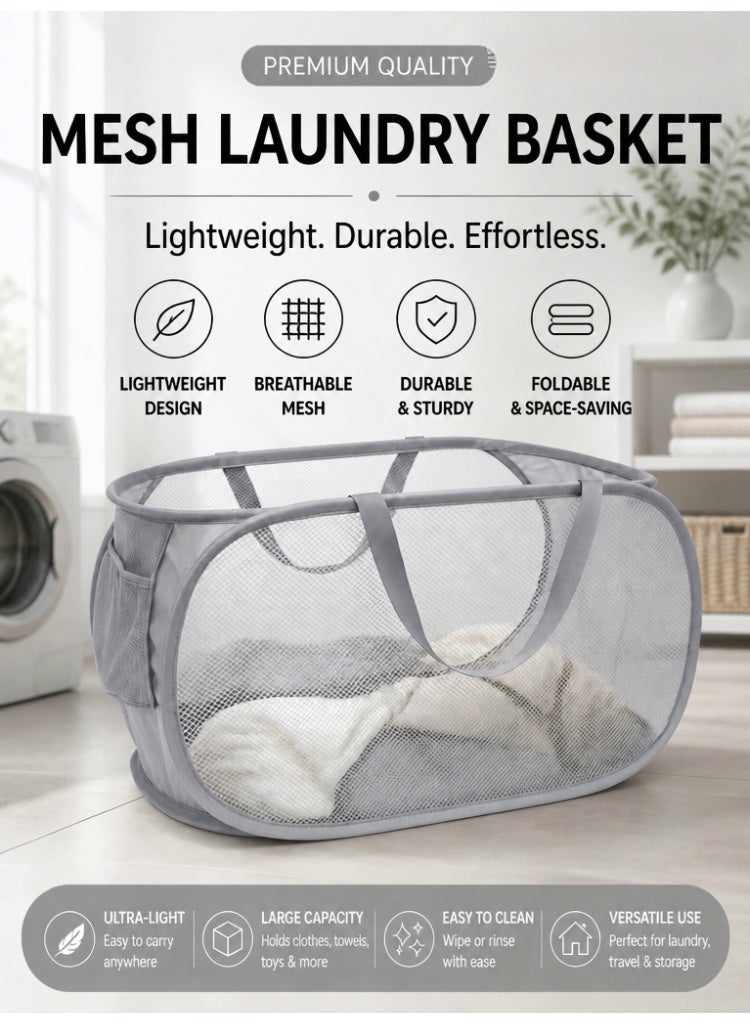 Ayshal Durable Collapsible Laundry Baskets, Mesh Pop Up Laundry Hamper with Side Pocket, Foldable Clothes Hamper with Reinforced Carry Handles for Laundry, Bathroom, Kids Room, Dorm or Travel Grey - Image 1
