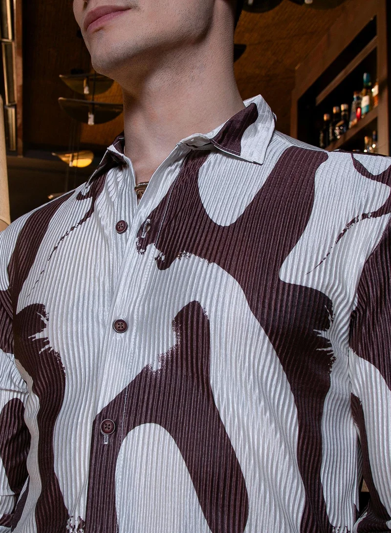 Campus Sutra Men's Chocolate Brown & Daisy White Contour-Lines Pleated Shirt