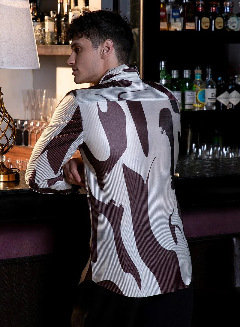Campus Sutra Men's Chocolate Brown & Daisy White Contour-Lines Pleated Shirt