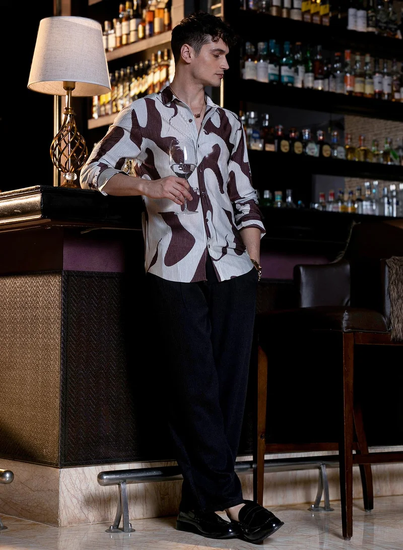 Campus Sutra Men's Chocolate Brown & Daisy White Contour-Lines Pleated Shirt