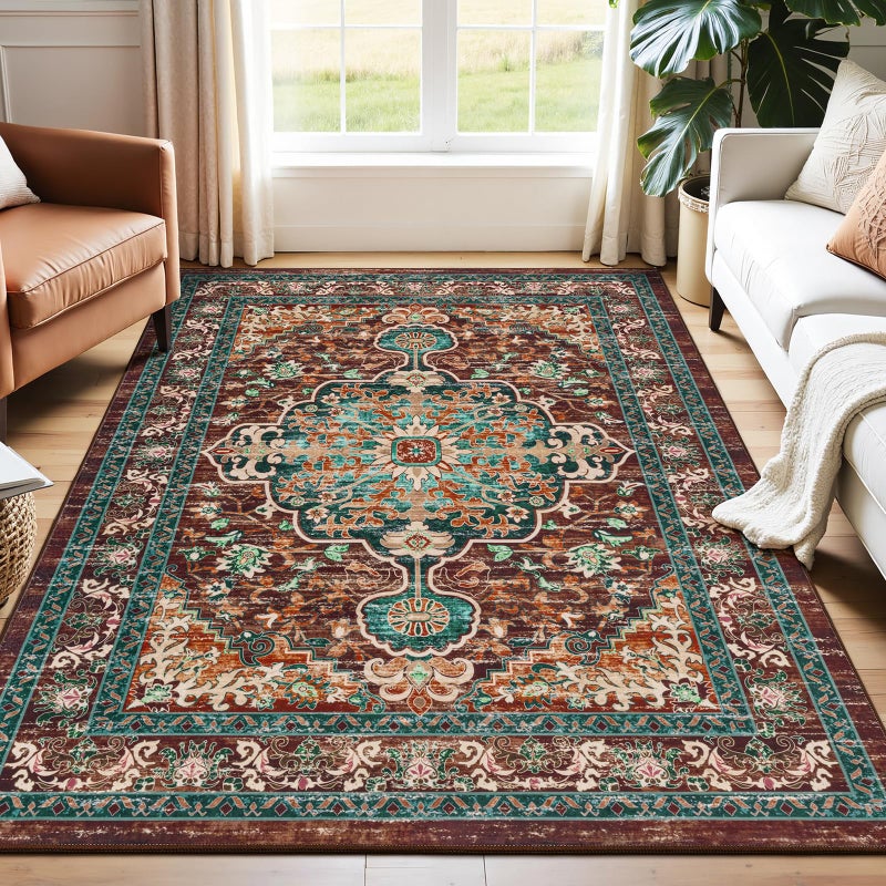 U'Artlines Christmas Boho Vintage Area Rug 5x7 Machine Washable Low Pile Ultra-Thin Soft Floor Carpet Non Slip Non Shedding Accent Rug for Living Room Bedroom Entryway Dining Room Office(Rustï¼†Teal) - Image 1