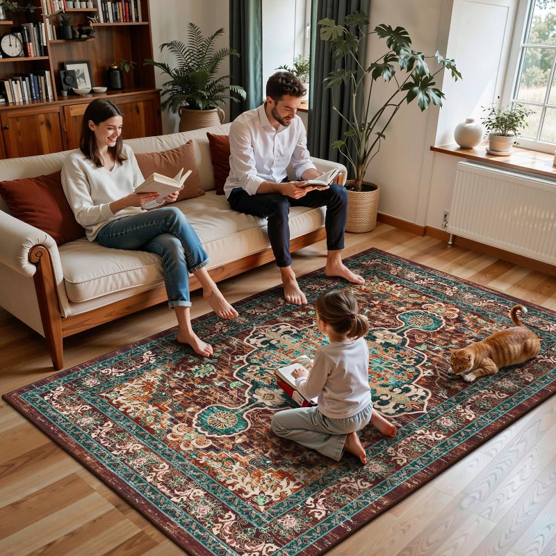 U'Artlines Christmas Boho Vintage Area Rug 5x7 Machine Washable Low Pile Ultra-Thin Soft Floor Carpet Non Slip Non Shedding Accent Rug for Living Room Bedroom Entryway Dining Room Office(Rustï¼†Teal) - Image 4