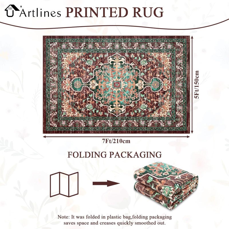 U'Artlines Christmas Boho Vintage Area Rug 5x7 Machine Washable Low Pile Ultra-Thin Soft Floor Carpet Non Slip Non Shedding Accent Rug for Living Room Bedroom Entryway Dining Room Office(Rustï¼†Teal) - Image 2