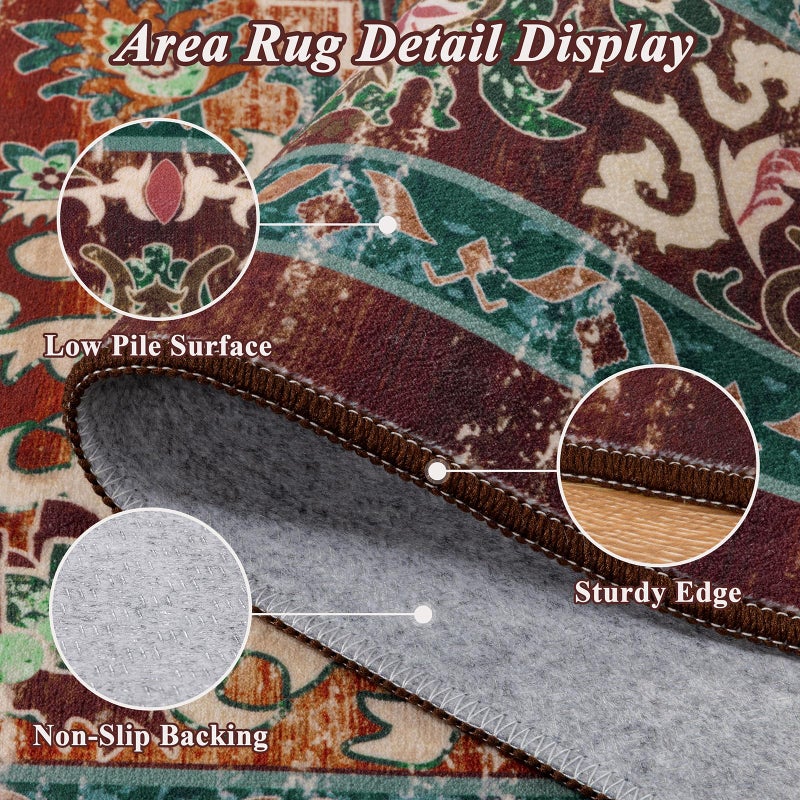U'Artlines Christmas Boho Vintage Area Rug 5x7 Machine Washable Low Pile Ultra-Thin Soft Floor Carpet Non Slip Non Shedding Accent Rug for Living Room Bedroom Entryway Dining Room Office(Rustï¼†Teal) - Image 3