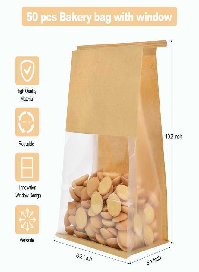 Funcoo 50 Paper Bread Bags for Home Bread Sourdough Bakery Storage Bags with Window, Tin Tie Tab Lock Kraft Paper Bag(10.2'' X 6.3'' X 5.1'') ((Kraft+White)) - Image 2