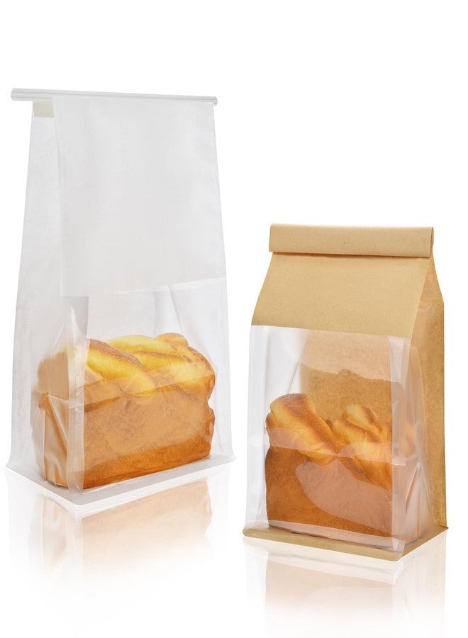 Funcoo 50 Paper Bread Bags for Home Bread Sourdough Bakery Storage Bags with Window, Tin Tie Tab Lock Kraft Paper Bag(10.2'' X 6.3'' X 5.1'') ((Kraft+White)) - Image 1