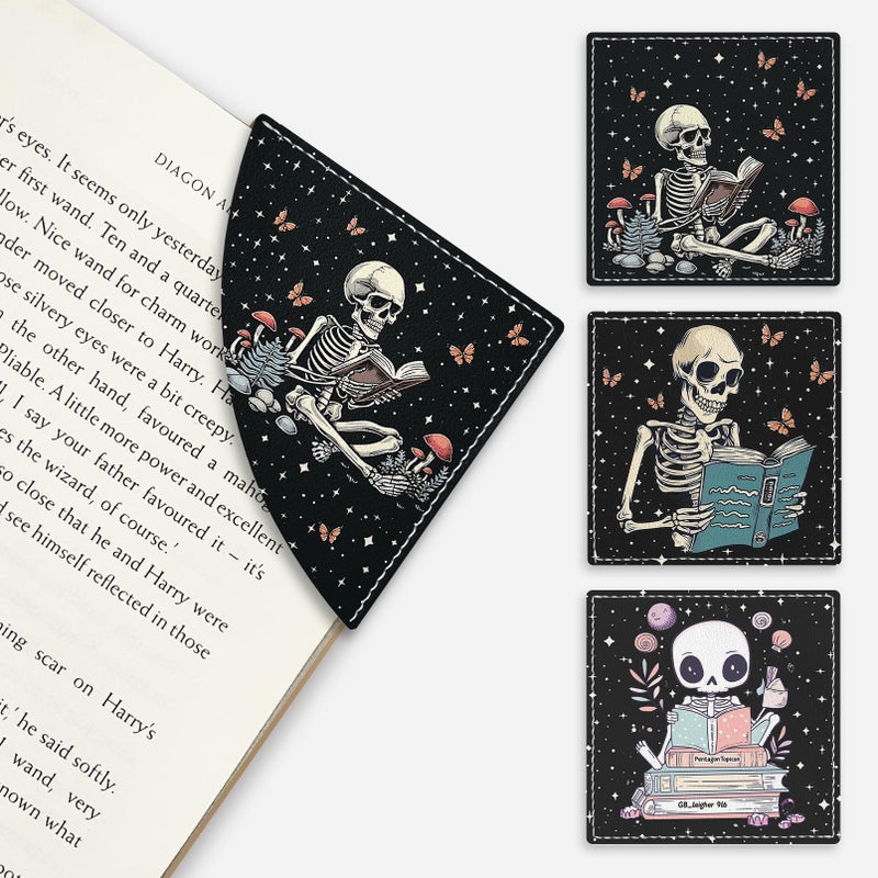 Icycay Skeleton Book Corner Bookmarks, Funny Leather Book Accessories for Book Lovers, 3 Pcs Reading Book Page Markers for Women Men Student Teacher Girls Boys Kids Retirement Birthday Gifts - Image 1