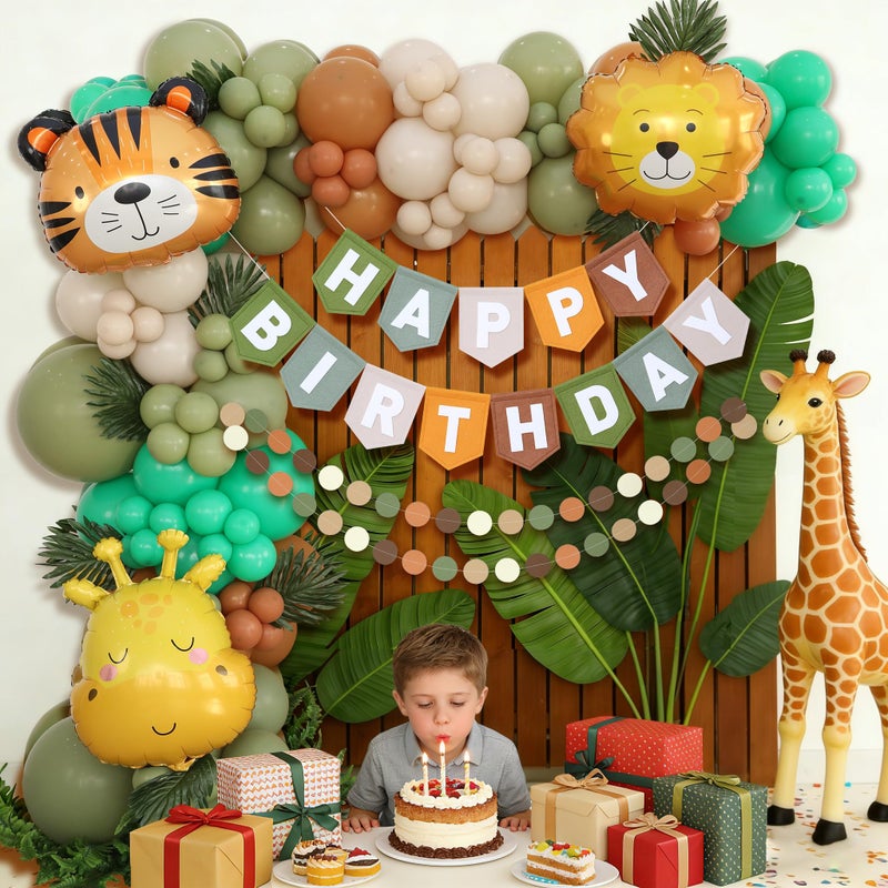 Ereniko Safari Balloon Arch Kit Happy Birthday Banner Felt Brown And Green Wild Animal Zoo Theme Sage Green And Brown Jungle For Baby Boys Party Decorations - Image 5