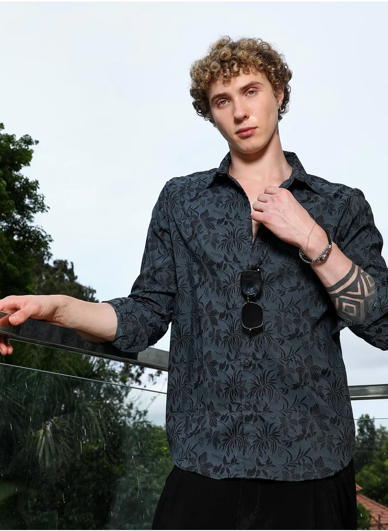 كامبوس سوترا Men's Dark Grey Floral Pattern Slim Fit Shirt