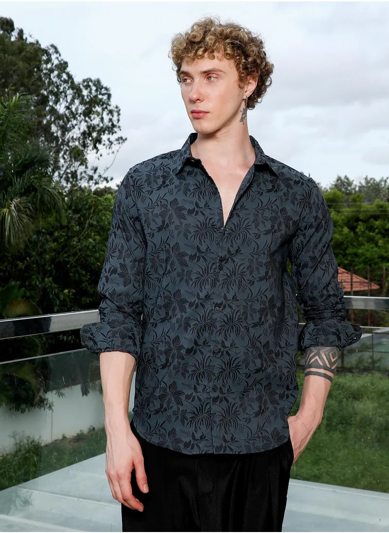 كامبوس سوترا Men's Dark Grey Floral Pattern Slim Fit Shirt