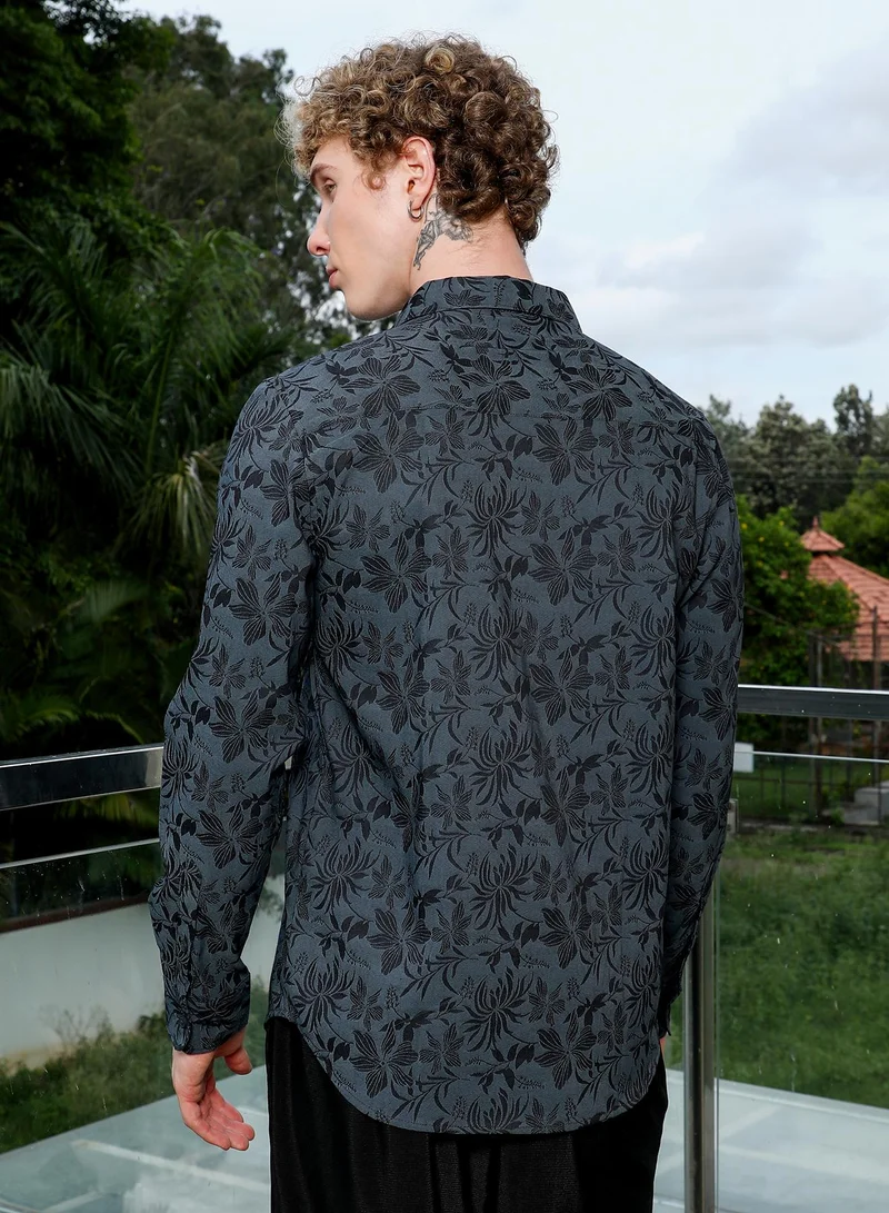Campus Sutra Men's Dark Grey Floral Pattern Slim Fit Shirt