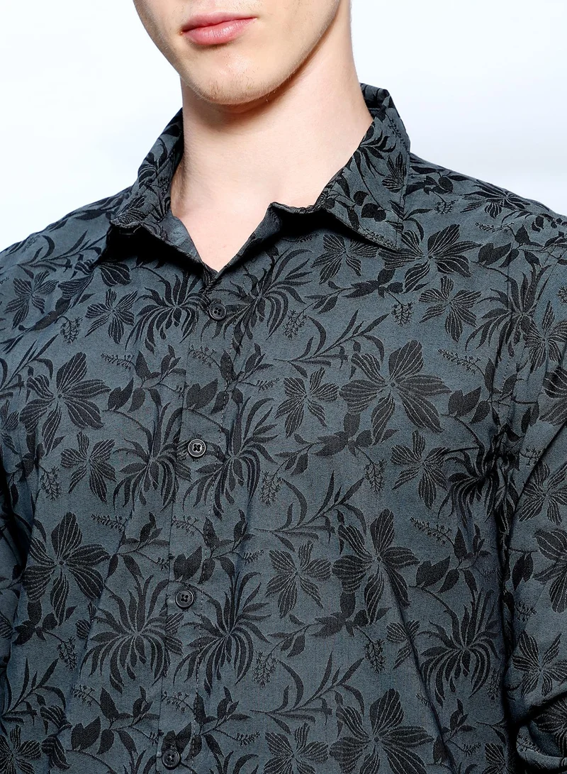Campus Sutra Men's Dark Grey Floral Pattern Slim Fit Shirt