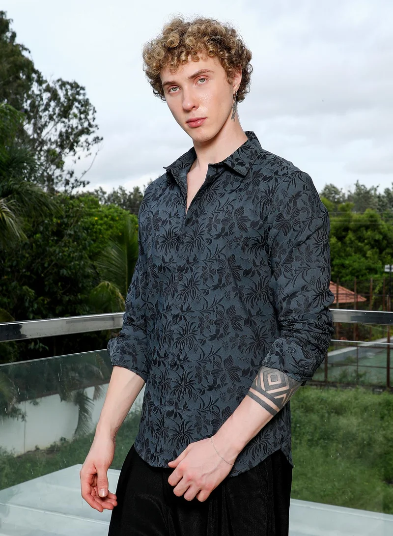 Campus Sutra Men's Dark Grey Floral Pattern Slim Fit Shirt
