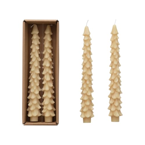 Creative Co-Op Unscented Tree Shaped Taper Candles, Eggnog Beige, Boxed Set Of 2 - Image 1