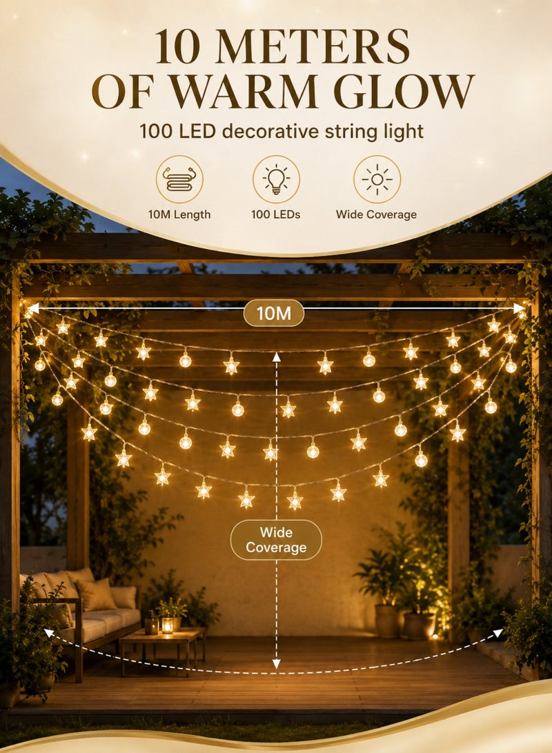 سلسلة أضواء LED عدد 100 بتصميم نجوم وكرات بطول 10 متر تعمل عبر USB بإضاءة بيضاء دافئة للزينة في رمضان والعيد وغرفة النوم والشرفة والحفلات والمنزل - Image 3