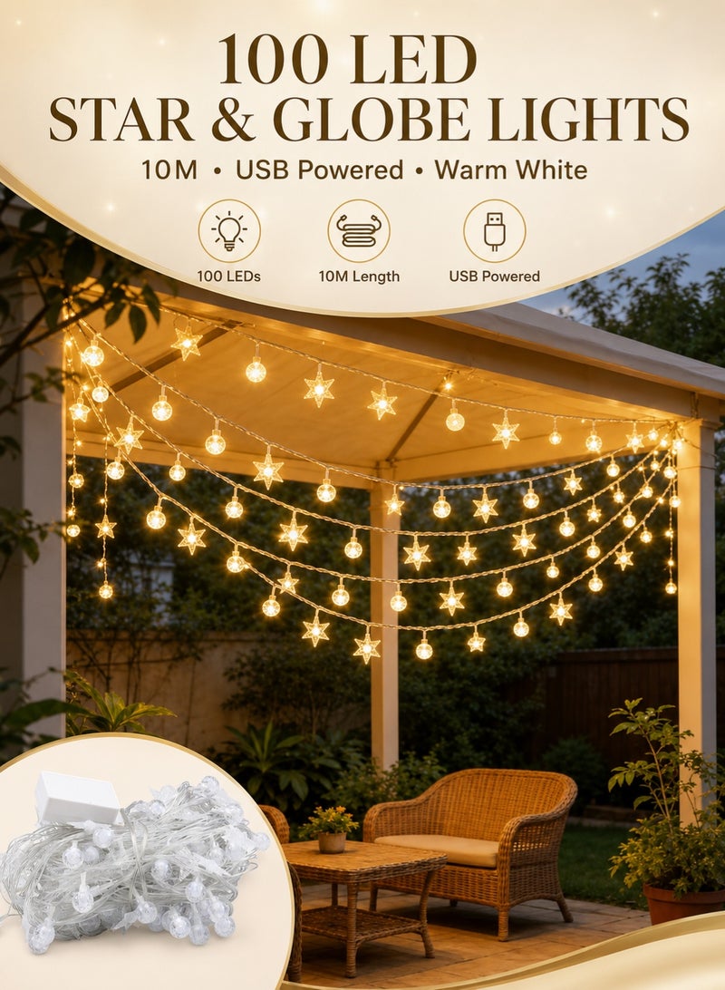 سلسلة أضواء LED عدد 100 بتصميم نجوم وكرات بطول 10 متر تعمل عبر USB بإضاءة بيضاء دافئة للزينة في رمضان والعيد وغرفة النوم والشرفة والحفلات والمنزل - Image 1