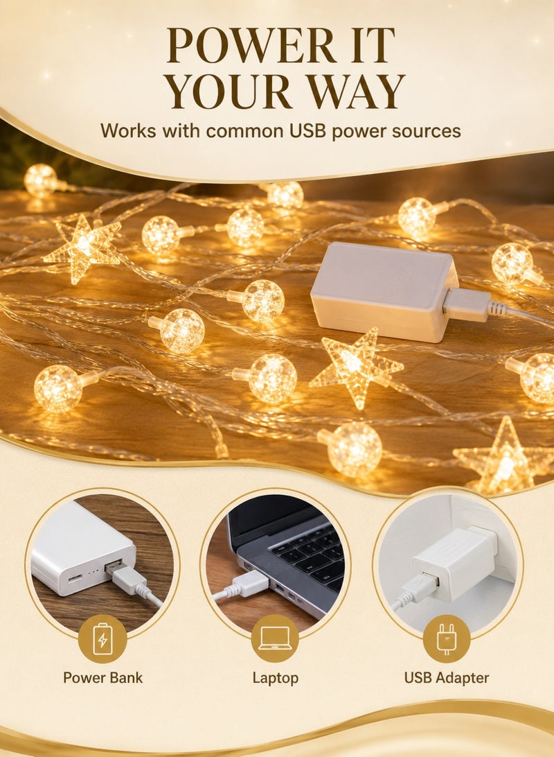 سلسلة أضواء LED عدد 100 بتصميم نجوم وكرات بطول 10 متر تعمل عبر USB بإضاءة بيضاء دافئة للزينة في رمضان والعيد وغرفة النوم والشرفة والحفلات والمنزل - Image 4