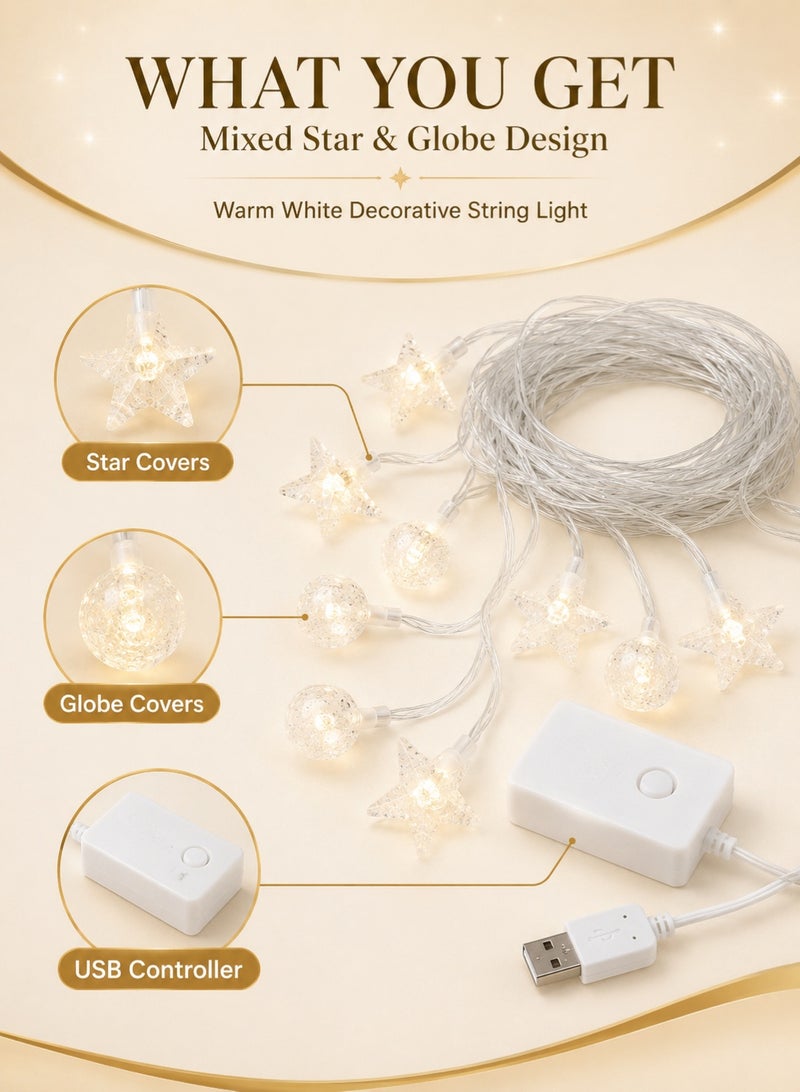 سلسلة أضواء LED عدد 100 بتصميم نجوم وكرات بطول 10 متر تعمل عبر USB بإضاءة بيضاء دافئة للزينة في رمضان والعيد وغرفة النوم والشرفة والحفلات والمنزل - Image 2