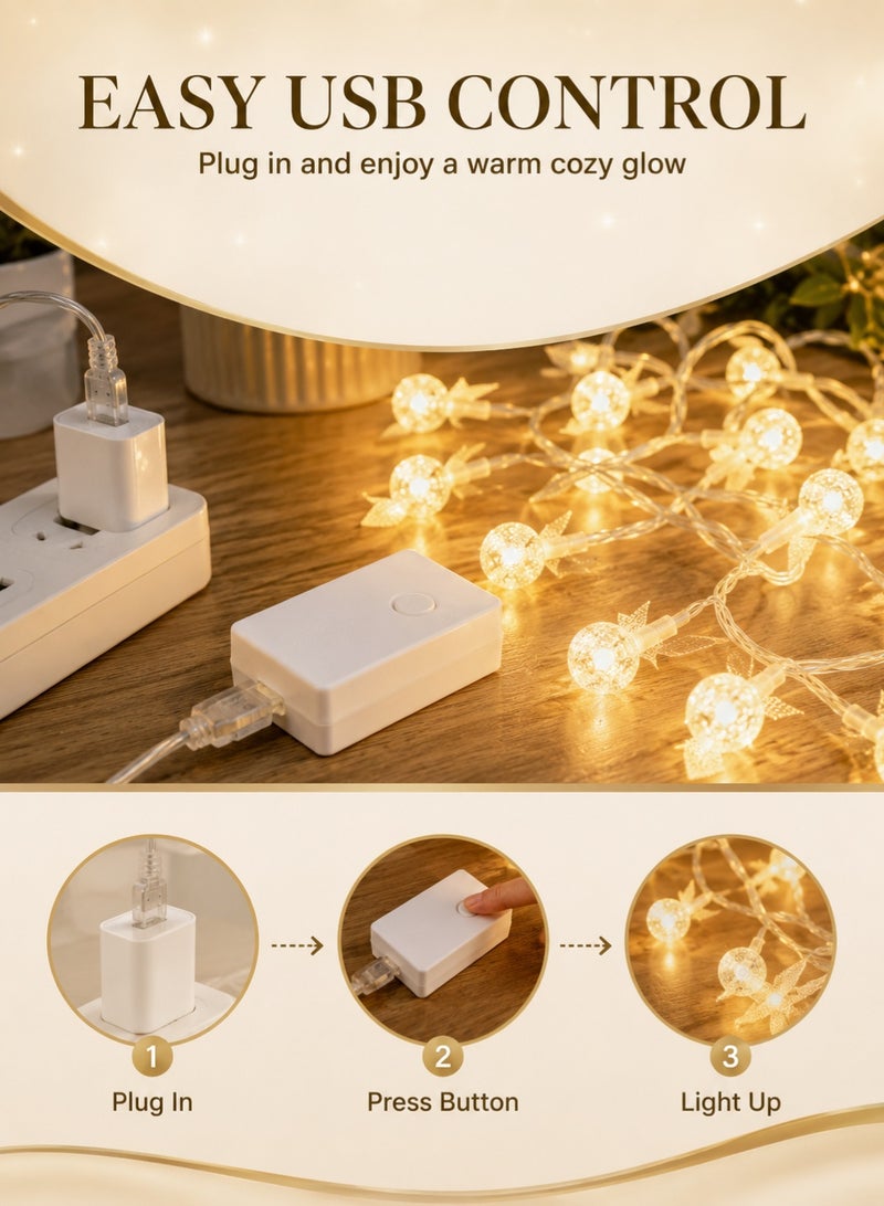 سلسلة أضواء LED عدد 100 بتصميم نجوم وكرات بطول 10 متر تعمل عبر USB بإضاءة بيضاء دافئة للزينة في رمضان والعيد وغرفة النوم والشرفة والحفلات والمنزل - Image 5