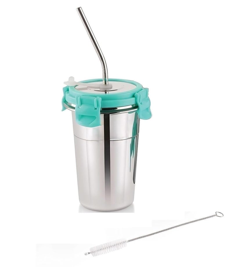 Gladnes Stainless Steel Tumbler with Silicon Aperture Steel sip Leak Proof Set of 1 pcs with 1 Straws 1 Brush Glass Tumbler Steel sip Steel Glass with sip CapacitySea Green 400ml 1 pcs - Image 1