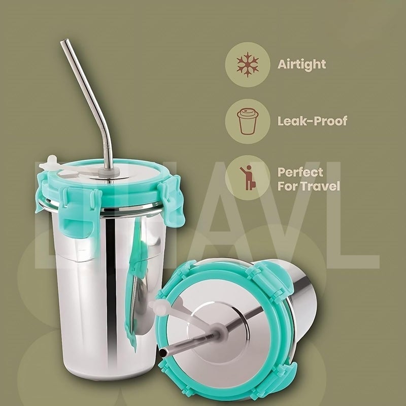 Gladnes Stainless Steel Tumbler with Silicon Aperture Steel sip Leak Proof Set of 1 pcs with 1 Straws 1 Brush Glass Tumbler Steel sip Steel Glass with sip CapacitySea Green 400ml 1 pcs - Image 4