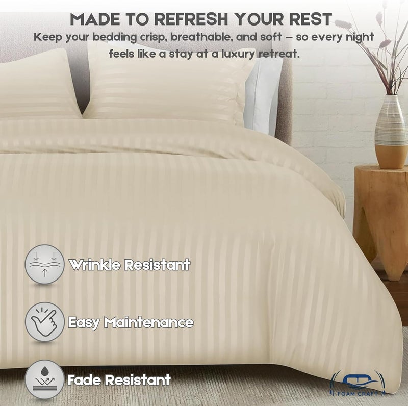 FOAM CRAFT Stripe 3-Piece Duvet Cover Set - 100% Cotton, Cream, King Size - Image 4
