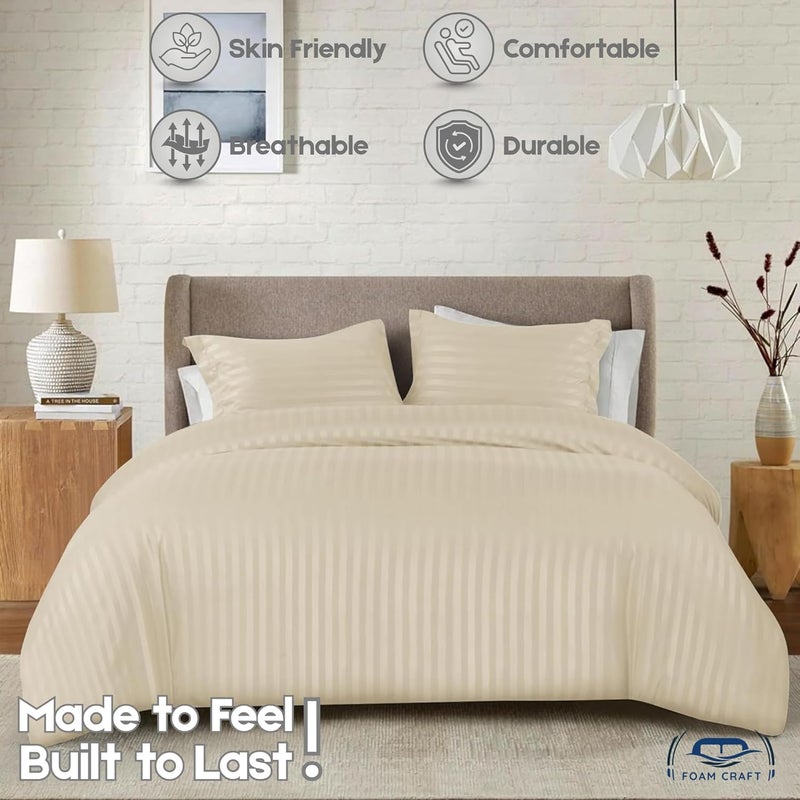 FOAM CRAFT Stripe 3-Piece Duvet Cover Set - 100% Cotton, Cream, King Size - Image 3