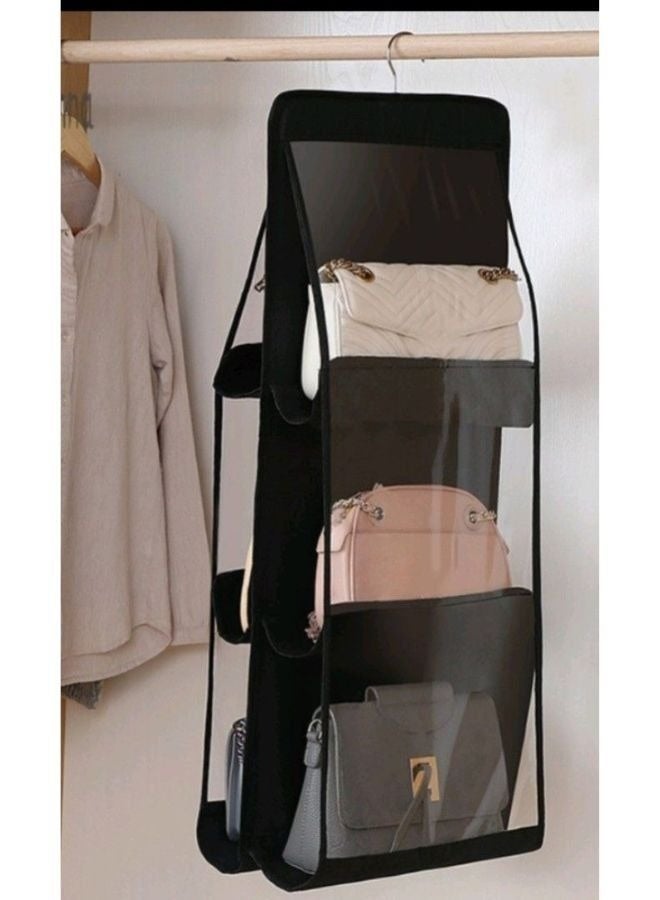 6-Pocket Clear Handbag & Purse Organizer – Hanging Bag Storage Shelf for Closet, Wardrobe, or Over-the-Door, Space-Saving Design, Durable Black Hanging Organizer for Handbags, Purses, Clutches, and Accessories (1 Pack). - Image 3