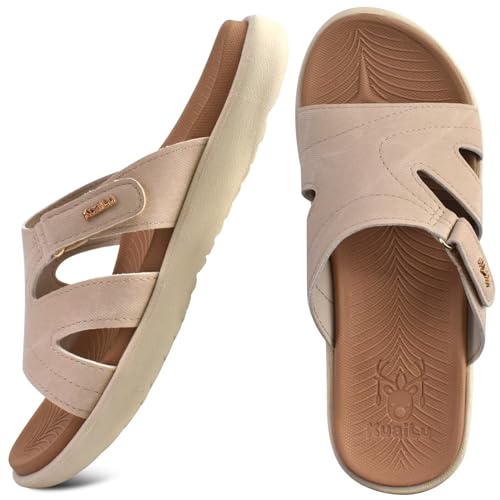 KuaiLu Womens Fashion Orthotic Slides Ladies Lightweight Athletic Yoga Mat Walking Sandals Slip On Thick Cushion Recovery Slippers Sandles Comfortable Plantar Fasciitis Arch Support Tan Beige Size 6 - Image 2