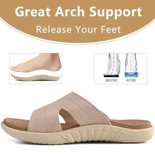 KuaiLu Womens Fashion Orthotic Slides Ladies Lightweight Athletic Yoga Mat Walking Sandals Slip On Thick Cushion Recovery Slippers Sandles Comfortable Plantar Fasciitis Arch Support Tan Beige Size 6 - Image 5