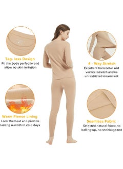 Yakiter Thermal Underwear for Women Fleece Lined Base Layer Pajama Set Cold Weather (Beige)  - Image 2