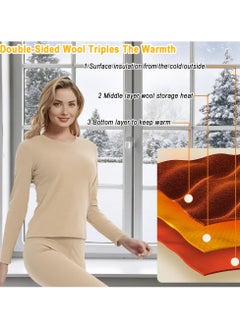 Yakiter Thermal Underwear for Women Fleece Lined Base Layer Pajama Set Cold Weather (Beige)  - Image 3