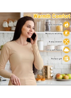 Yakiter Thermal Underwear for Women Fleece Lined Base Layer Pajama Set Cold Weather (Beige)  - Image 4