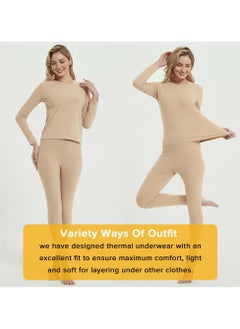 Yakiter Thermal Underwear for Women Fleece Lined Base Layer Pajama Set Cold Weather (Beige)  - Image 5