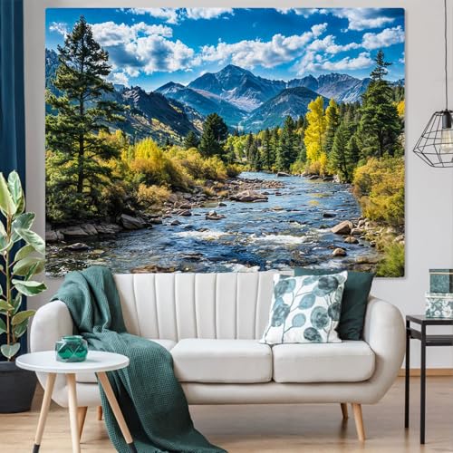 AMM Nature Forest Mountain Tapestry Green Pine Tree Tapestry for Bedroom Aesthetic White Clouds Flowing River Landscape Classroom Tapestries Wall Hanging for Living Room Dorm Office - Image 3