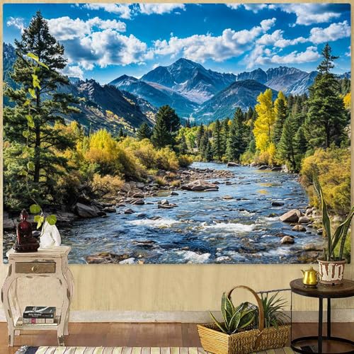 AMM Nature Forest Mountain Tapestry Green Pine Tree Tapestry for Bedroom Aesthetic White Clouds Flowing River Landscape Classroom Tapestries Wall Hanging for Living Room Dorm Office - Image 2