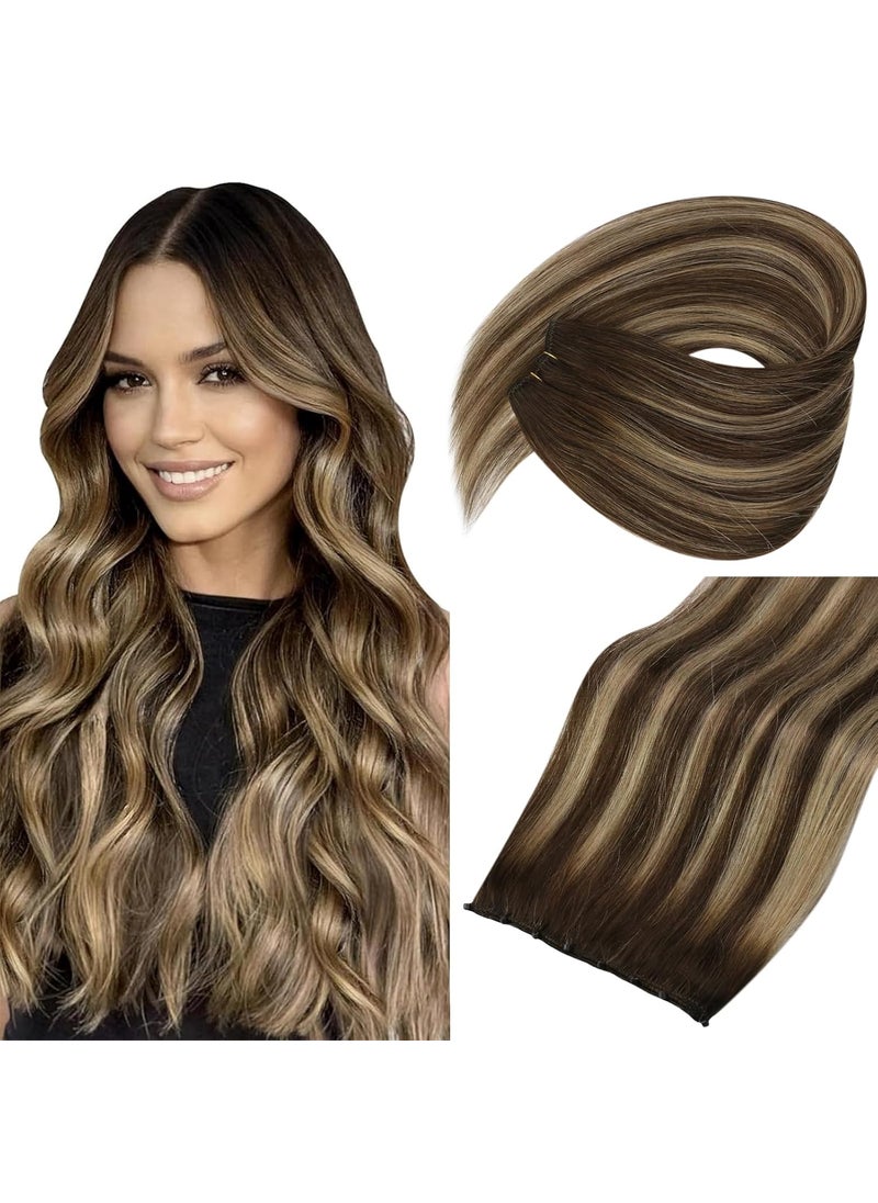 Sunny Hair Sunny Hair Beaded Weft Hair Extensions Human Hair 50G Micro Bead Weft Hair Extensions Real Human Hair Straight Weft Hair Extensions with Micro Beads Medium Brown Balayage Caramel Blonde 16 inch 