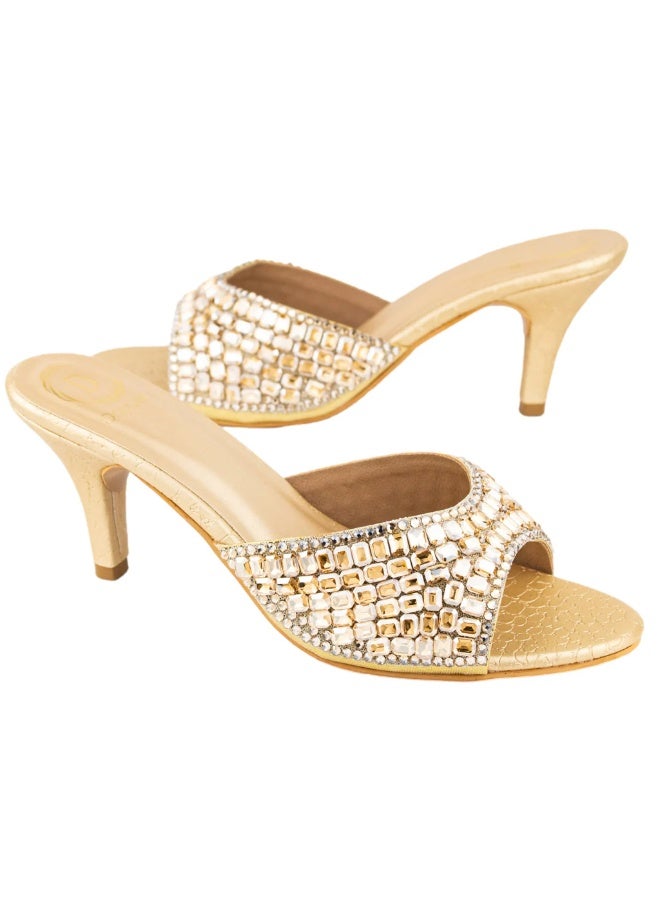 Dollar's Fashion Haya Women Party Heels, Elegant Beaded Slip On Dress Heels for Women, Stylish Evening Sandals for Events and Special Occasions (Gold) - Image 1
