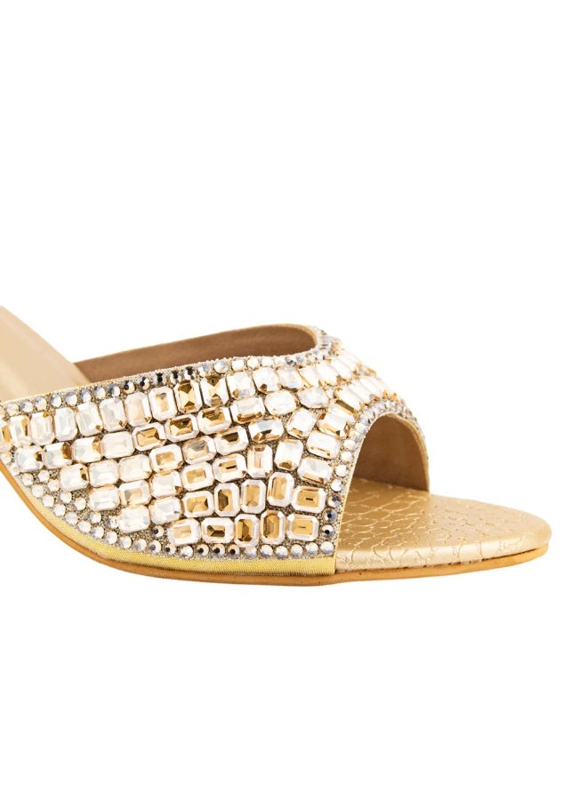 Dollar's Fashion Haya Women Party Heels, Elegant Beaded Slip On Dress Heels for Women, Stylish Evening Sandals for Events and Special Occasions (Gold) - Image 3