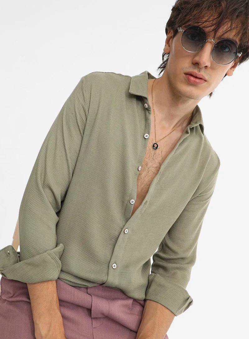 Campus Sutra Men's Sage Green Woven-Textured Shirt For Casual Wear | Spread Collar | Long Sleeve | Button Closure | Shirt Crafted With Comfort Fit For Everyday Wear