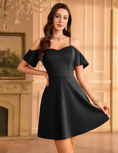 Meetjen Off Shoulder Cocktail Party Dress Prom Sweetheart Bridesmaid Fairy Mini Bridal Shower Dresses for Juniors Fit and Flare Black M - Image 5