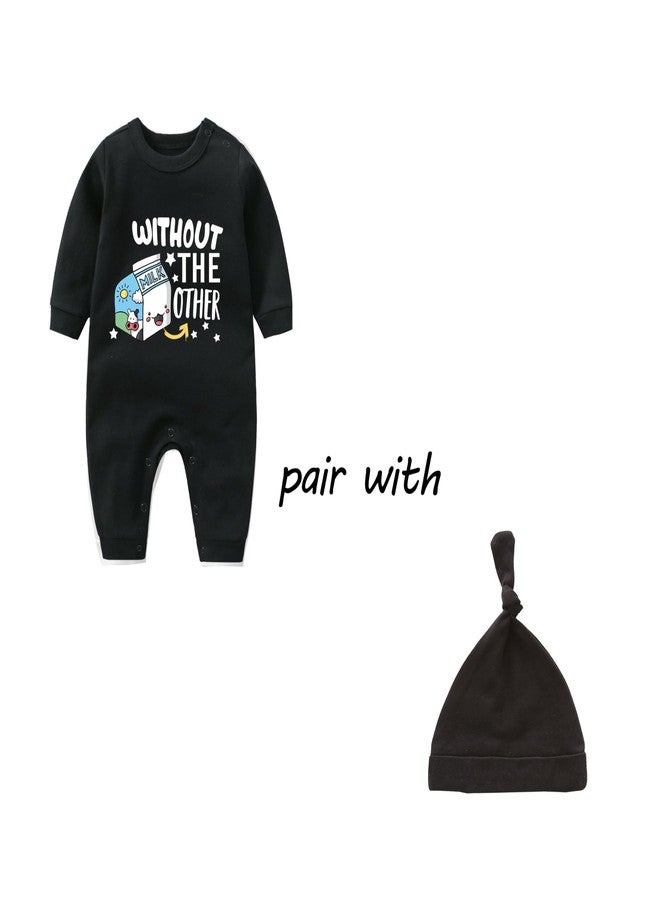 YSCULBUTOL Twins Bodysuits Milk Infant Baby Clothes Unisex Twin Baby Rompers Cute Outfits With Hat (Black Milk L 3m) - Image 2