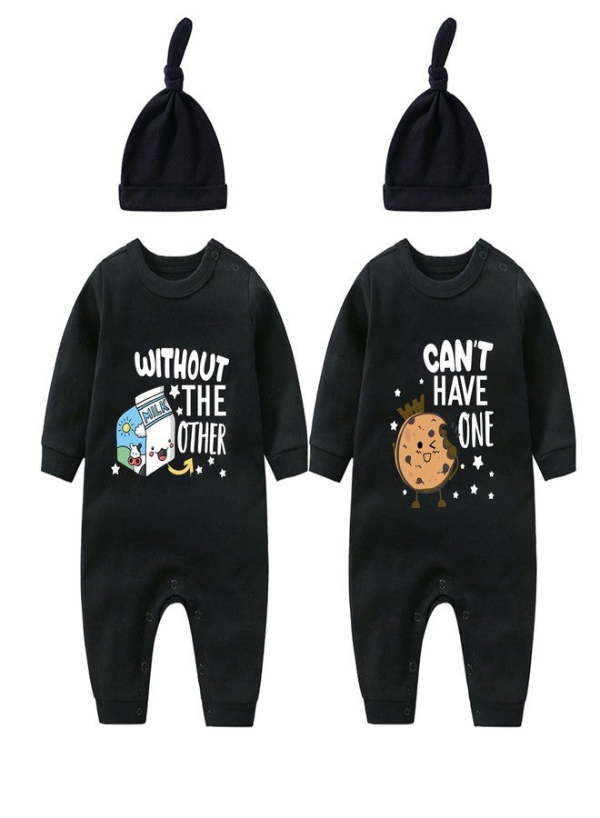 YSCULBUTOL Twins Bodysuits Milk Infant Baby Clothes Unisex Twin Baby Rompers Cute Outfits With Hat (Black Milk L 3m) - Image 1