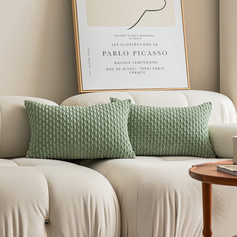 K KEVIN TEXTILE Kevin Textile 2 Packs Lumbar Decorative Throw Pillow Covers 12x20 Inch for Living Room Couch Bed Sofa Soft Striped Corduroy Rectangle Cushion Case 30x50 cm Farmhouse Boho Home Decor Sage Green  - Image 1