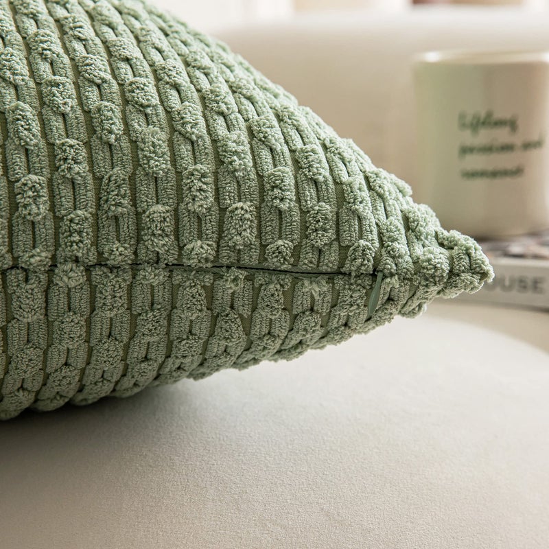 K KEVIN TEXTILE Kevin Textile 2 Packs Lumbar Decorative Throw Pillow Covers 12x20 Inch for Living Room Couch Bed Sofa Soft Striped Corduroy Rectangle Cushion Case 30x50 cm Farmhouse Boho Home Decor Sage Green  - Image 3